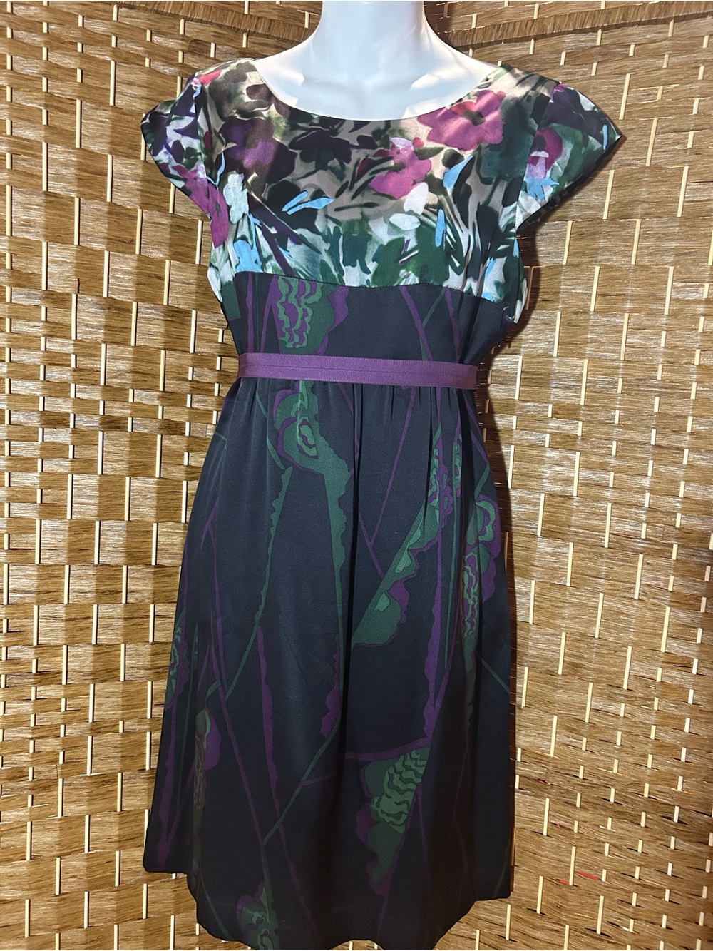 🤩Mint Wool & Silk Floral Dress Size 8 Purple Green Empire Waist Lined
